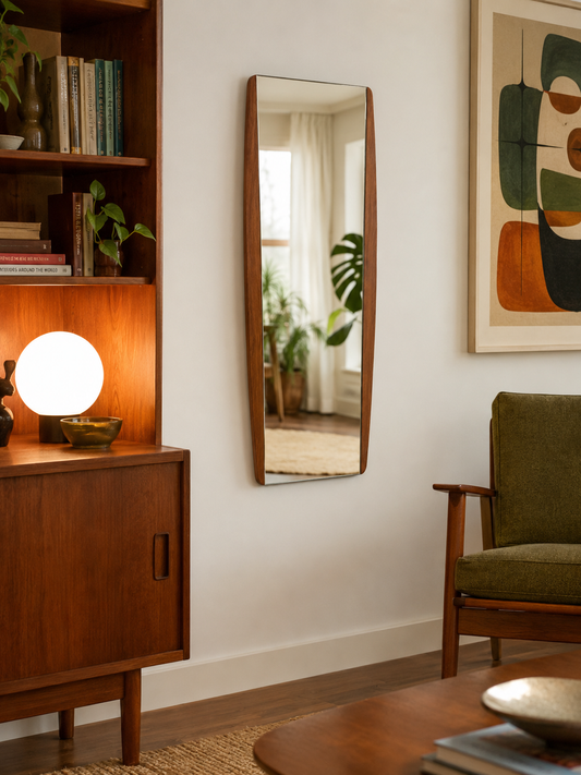 1960s Danish Modern Teak Wall Mirror with Curved Side Frame