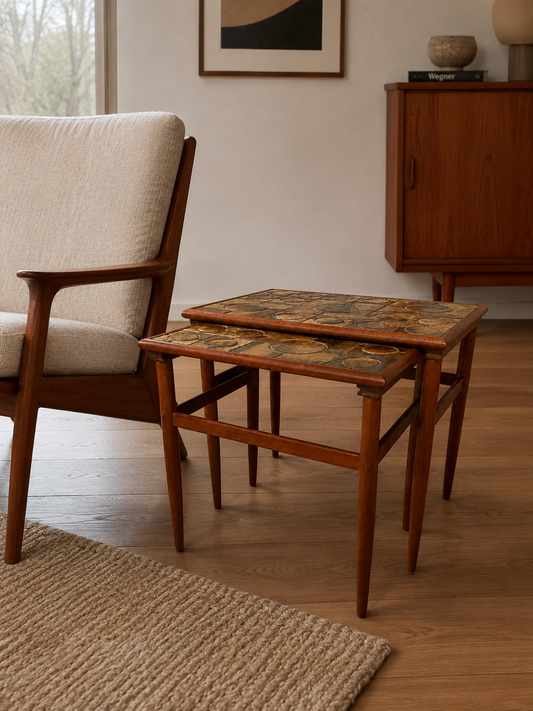 Vintage Danish Teak & Mosaic Tile Nesting Tables, Set of 2, c.1960s