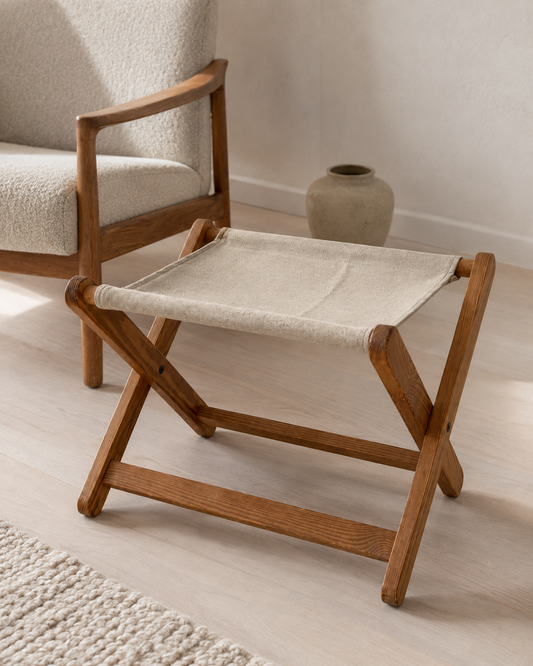 Vintage Scandinavian Pine Folding Stool with Canvas Seat, c. 1970s