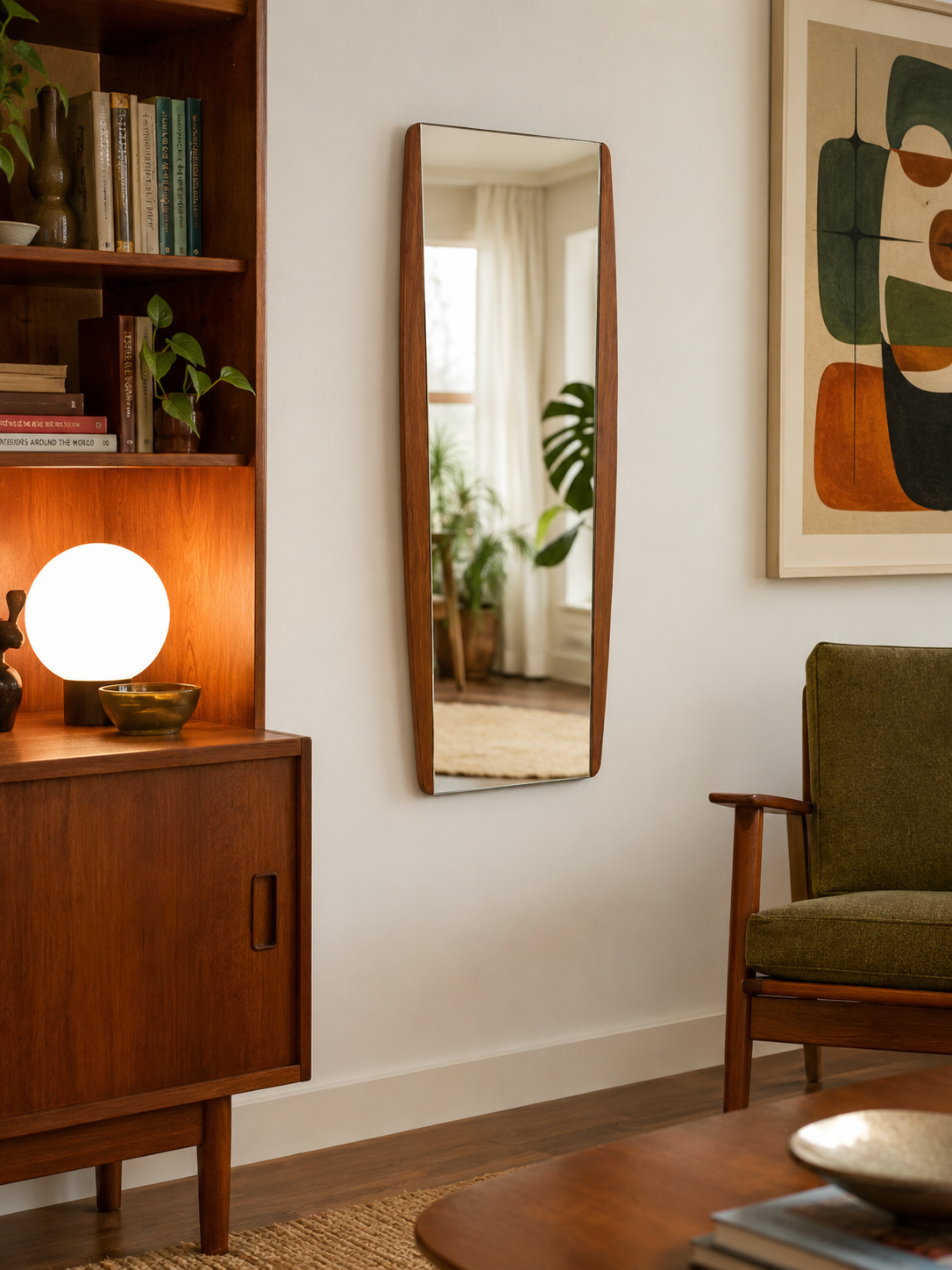 1960s Danish Modern Teak Wall Mirror with Curved Side Frame