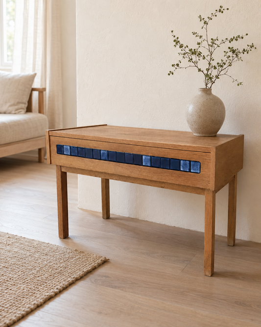 Vintage Danish Oak & Blue Tile Chest, Attributed to Pedersen & Hansen, c. 1960s