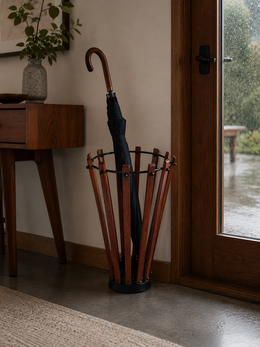 Vintage Danish Teak Umbrella Stand with Black Metal Frame