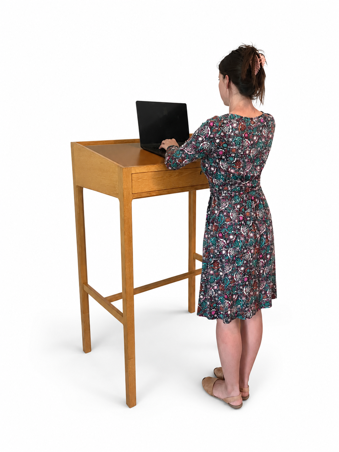 Vintage Danish Oak Standing Desk with Leather Writing Surface, c. 1960s