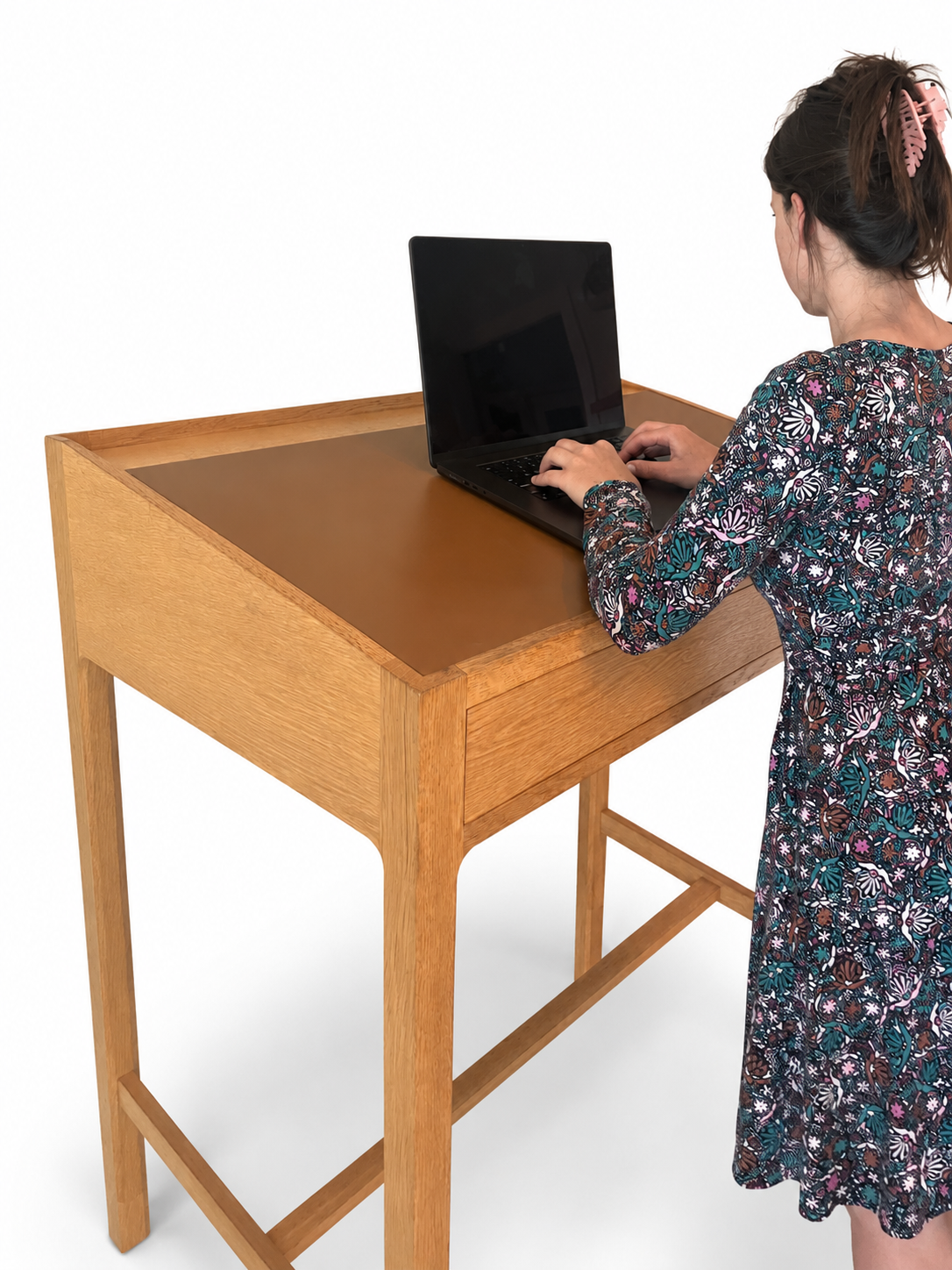 Vintage Danish Oak Standing Desk with Leather Writing Surface, c. 1960s