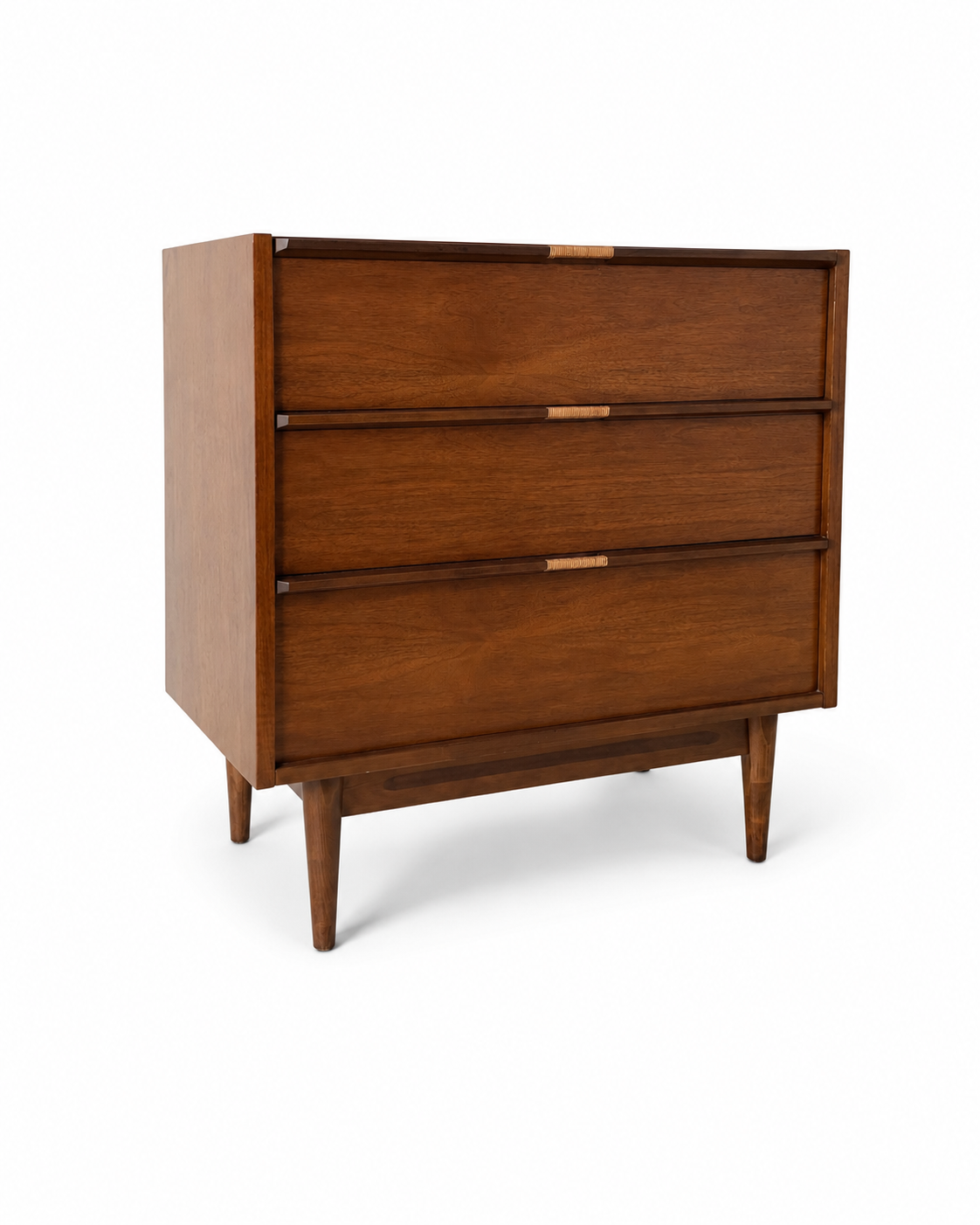 Vintage Mid-Century Walnut Chest of Drawers with Rattan-Wrapped Handles, c. 1960s