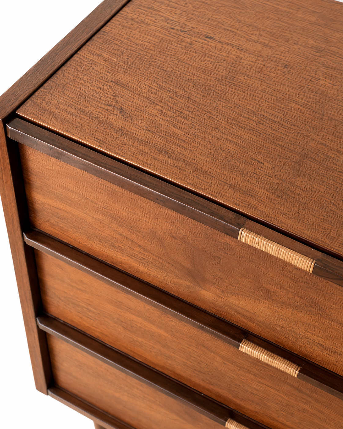 Vintage Mid-Century Walnut Chest of Drawers with Rattan-Wrapped Handles, c. 1960s