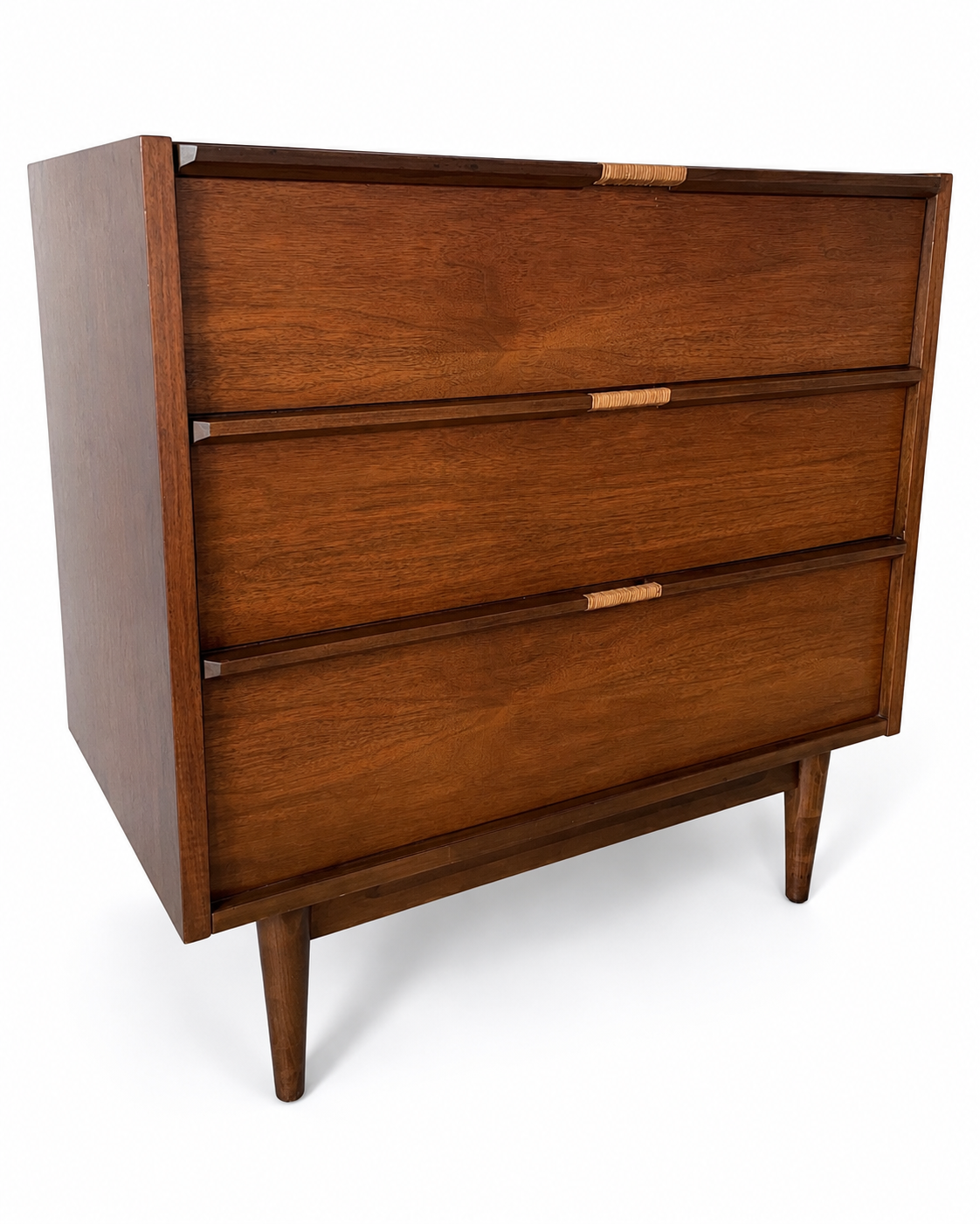 Vintage Mid-Century Walnut Chest of Drawers with Rattan-Wrapped Handles, c. 1960s