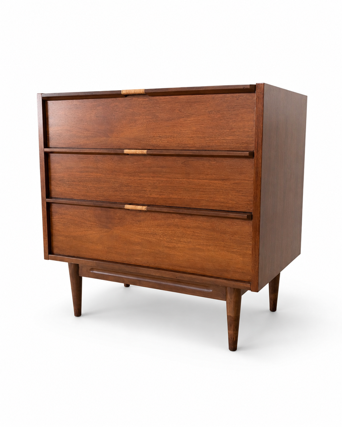 Vintage Mid-Century Walnut Chest of Drawers with Rattan-Wrapped Handles, c. 1960s