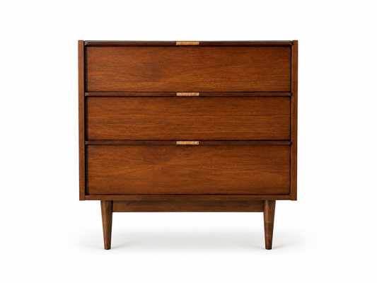 Vintage Mid-Century Walnut Chest of Drawers with Rattan-Wrapped Handles, c. 1960s
