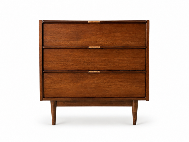 Vintage Mid-Century Walnut Chest of Drawers with Rattan-Wrapped Handles, c. 1960s