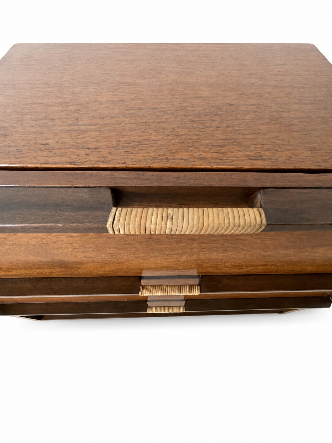 Vintage Mid-Century Walnut Chest of Drawers with Rattan-Wrapped Handles, c. 1960s
