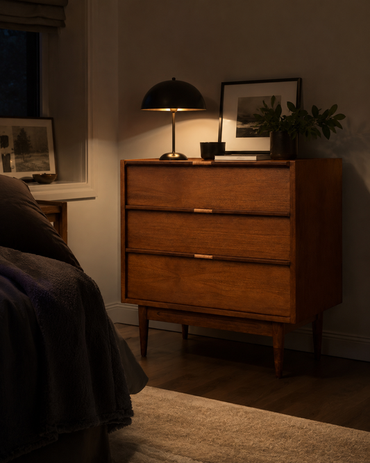 Vintage Mid-Century Walnut Chest of Drawers with Rattan-Wrapped Handles, c. 1960s