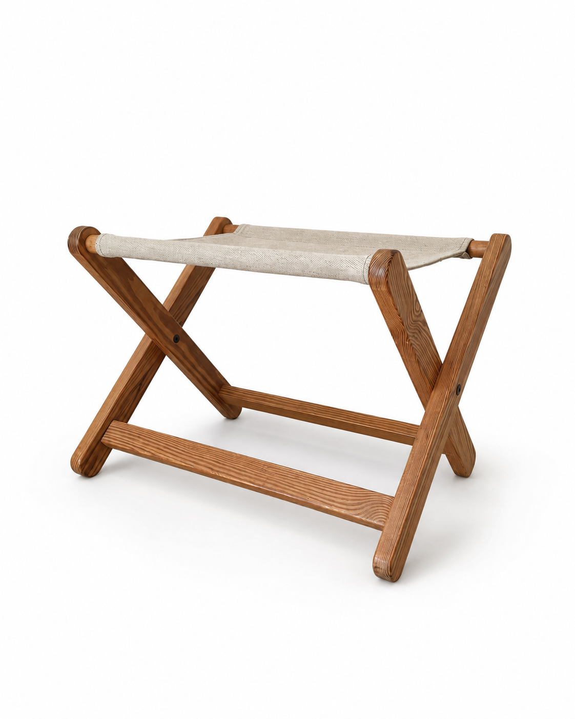 Vintage Scandinavian Pine Folding Stool with Canvas Seat, c. 1970s