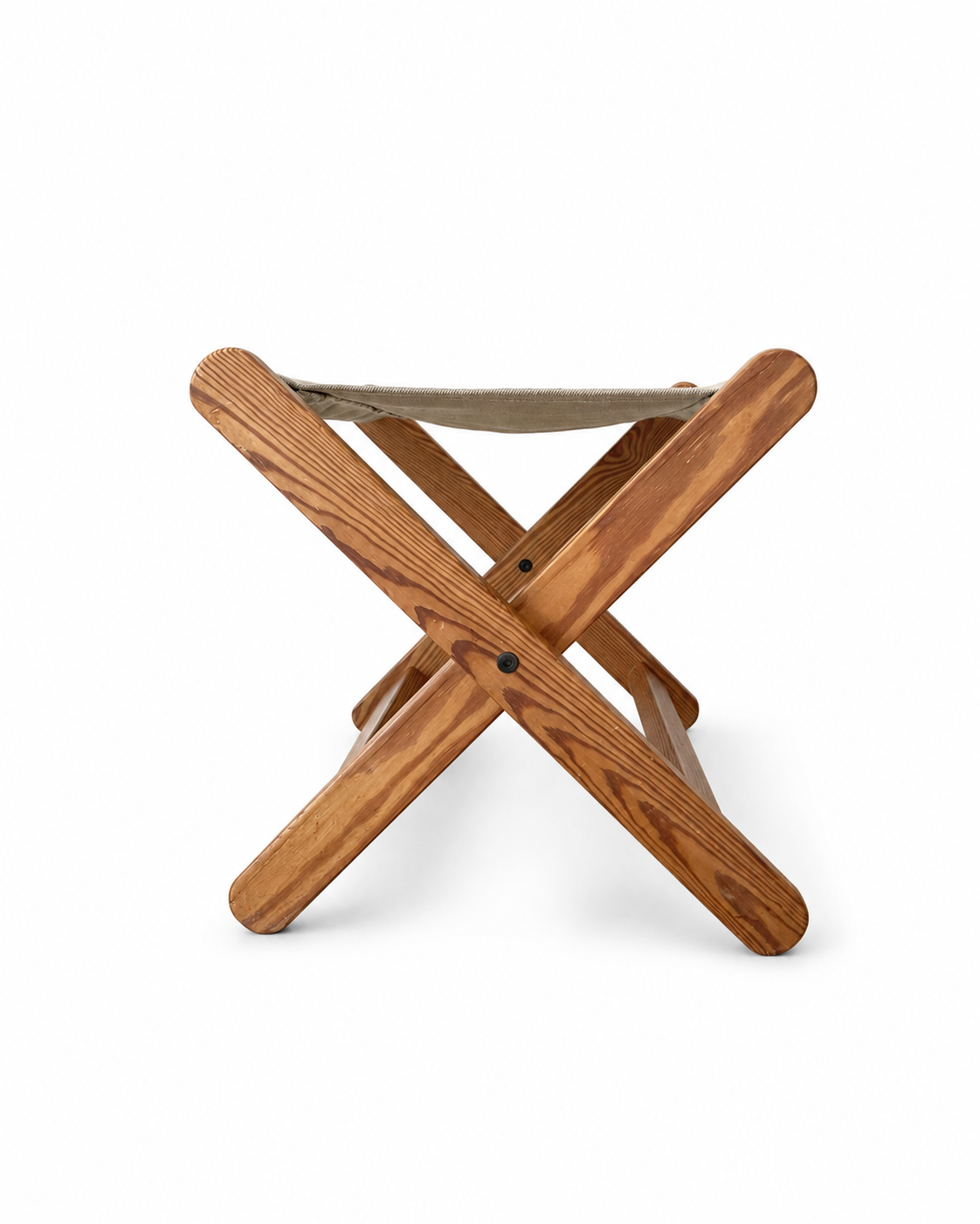Vintage Scandinavian Pine Folding Stool with Canvas Seat, c. 1970s