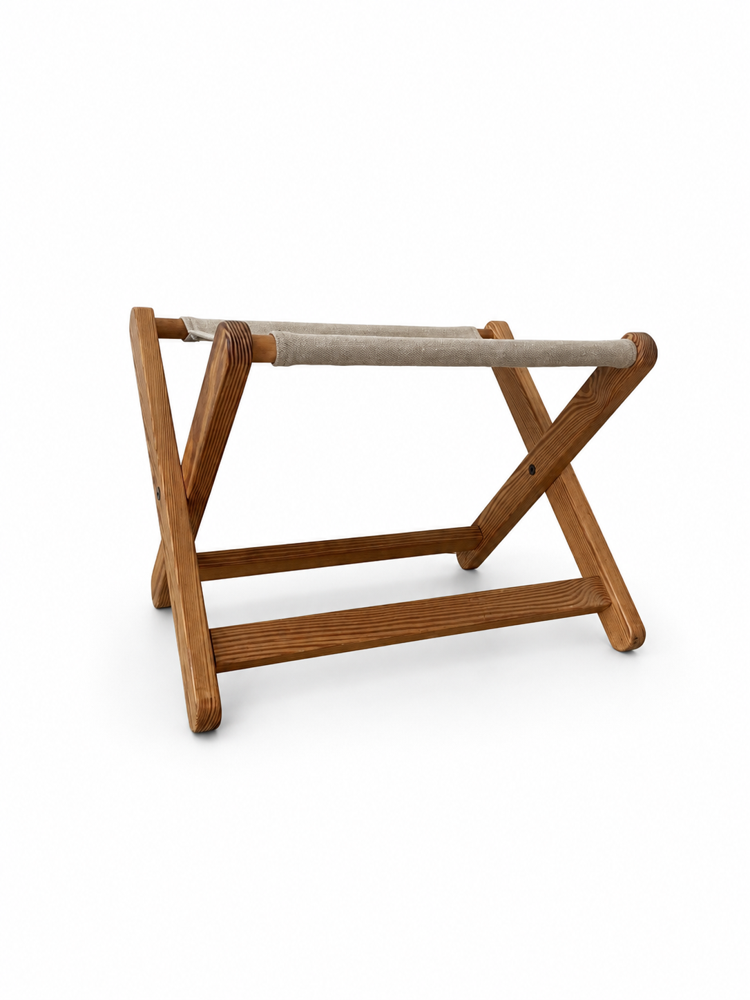 Vintage Scandinavian Pine Folding Stool with Canvas Seat, c. 1970s