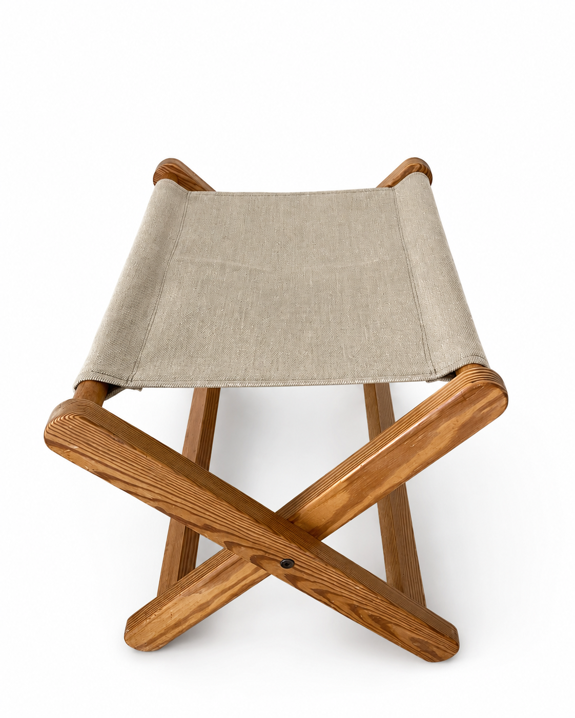 Vintage Scandinavian Pine Folding Stool with Canvas Seat, c. 1970s