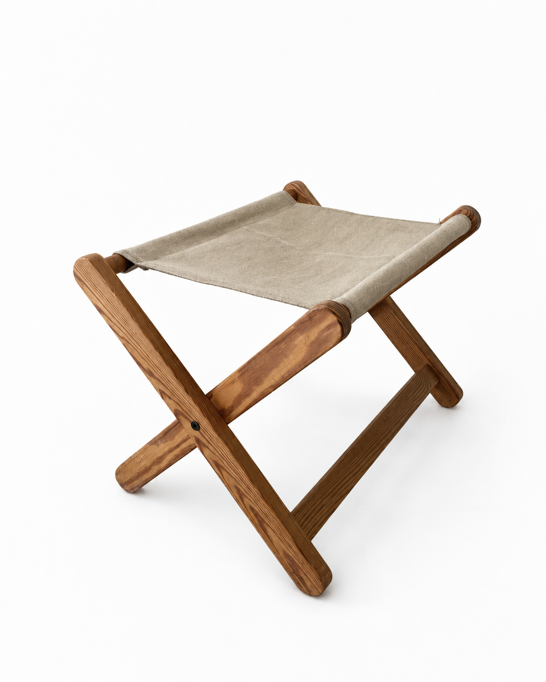 Vintage Scandinavian Pine Folding Stool with Canvas Seat, c. 1970s