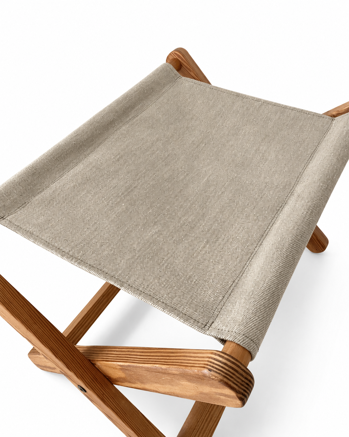 Vintage Scandinavian Pine Folding Stool with Canvas Seat, c. 1970s
