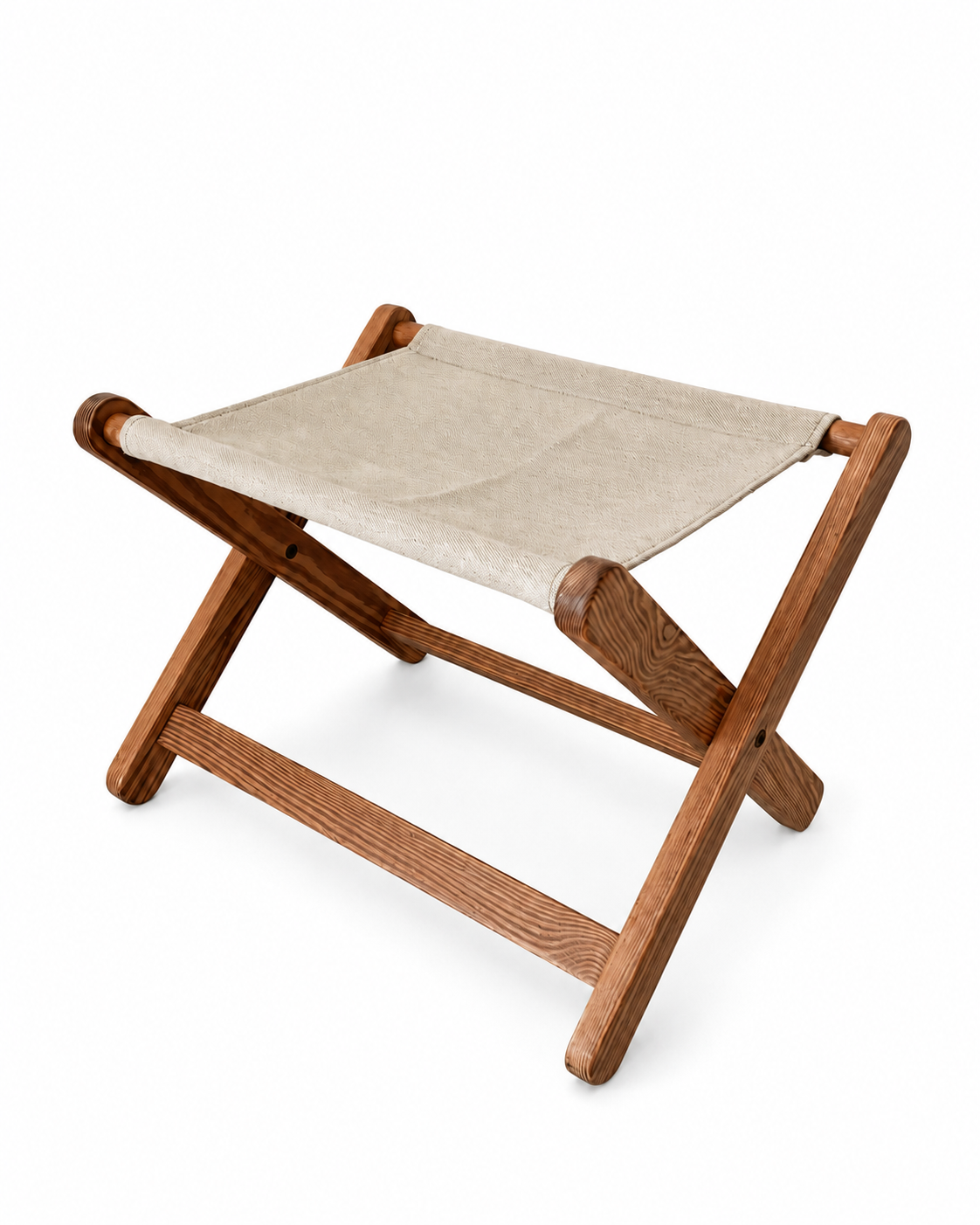 Vintage Scandinavian Pine Folding Stool with Canvas Seat, c. 1970s