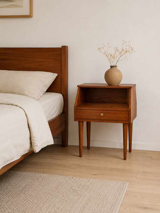 Restored 1960s Danish Teak Nightstand with Drawer and Open Shelf