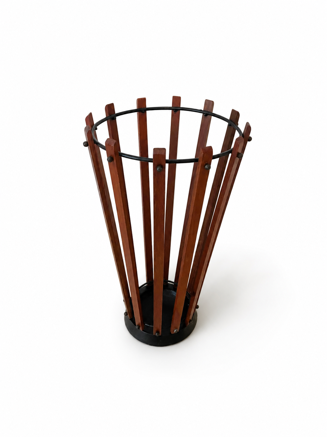 Vintage Danish Teak Umbrella Stand with Black Metal Frame