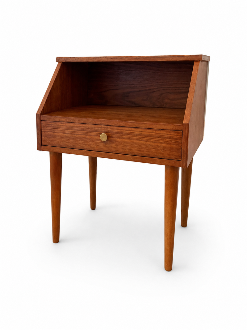 Restored 1960s Danish Teak Nightstand with Drawer and Open Shelf